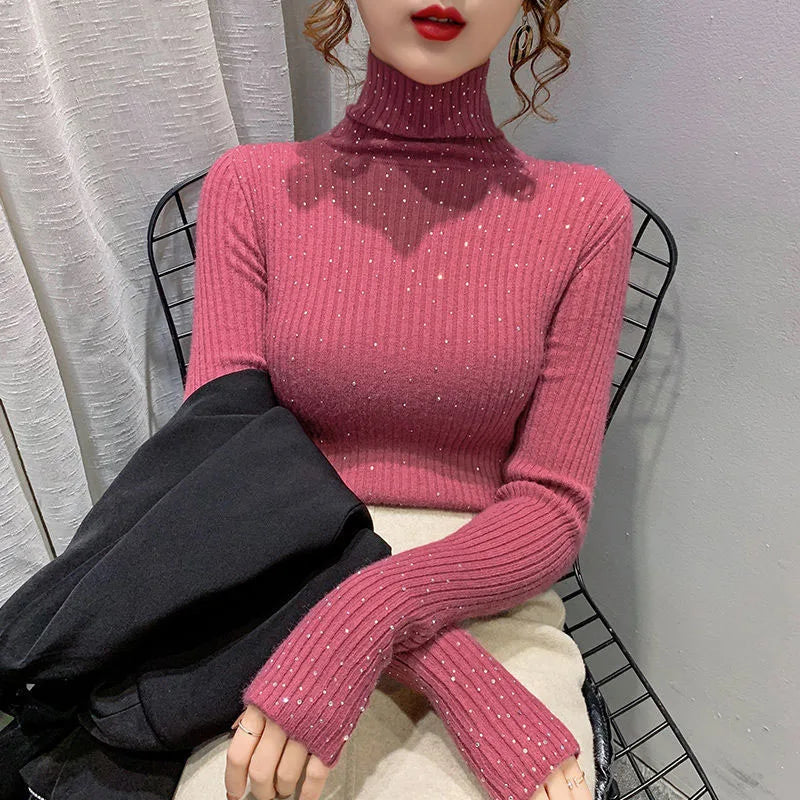 Women Clothing Fashion Elegant Turtleneck Pullover Autumn Winter Solid Slim Long Sleeve Sweater Office Lady Casual Dignified Top.