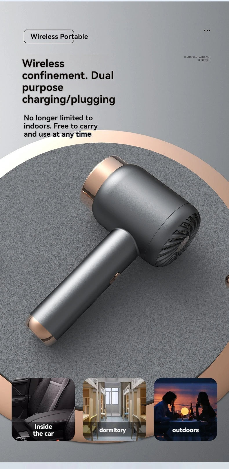 Wireless charging hair dryer for household use, high-speed negative ion hair dryer, high-power bladeless hair care, quick drying.