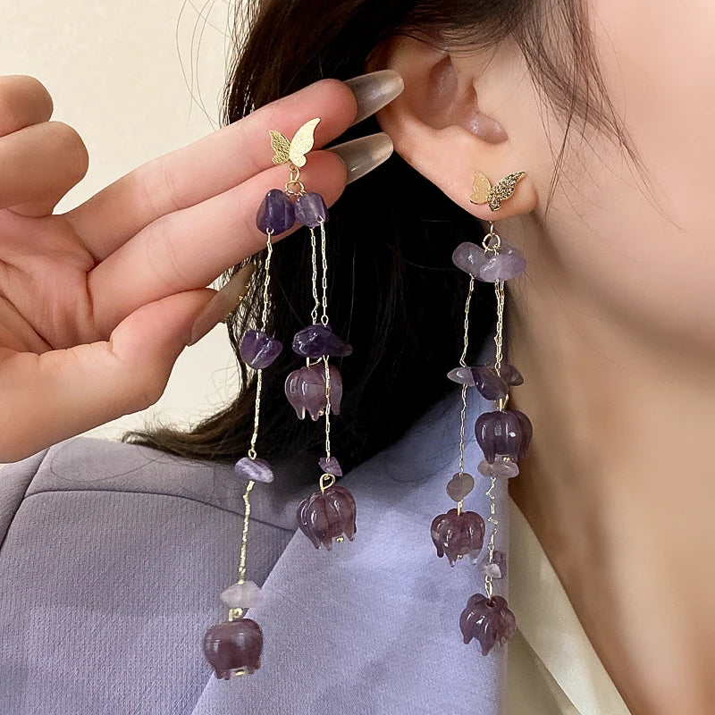 Pink Butterfly Earrings With Long Tassel Sparkly Zircon Crystal Imitation Pearl Beads Earrings Light Luxury Party Ear Jewelry.