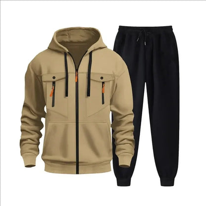 Autumn and winter new men's sweatshirt sport set, fashionable windproof and warm men's zipper hoodie and pants 2-piece set.