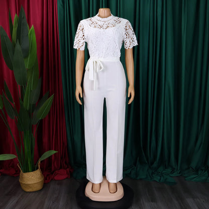 Elegant Jumpsuits & Rompers for Women O Neck Lace Patchwork Short Sleeve Sashes High Waisted Luxury Birthday Party Dinner Outfit.