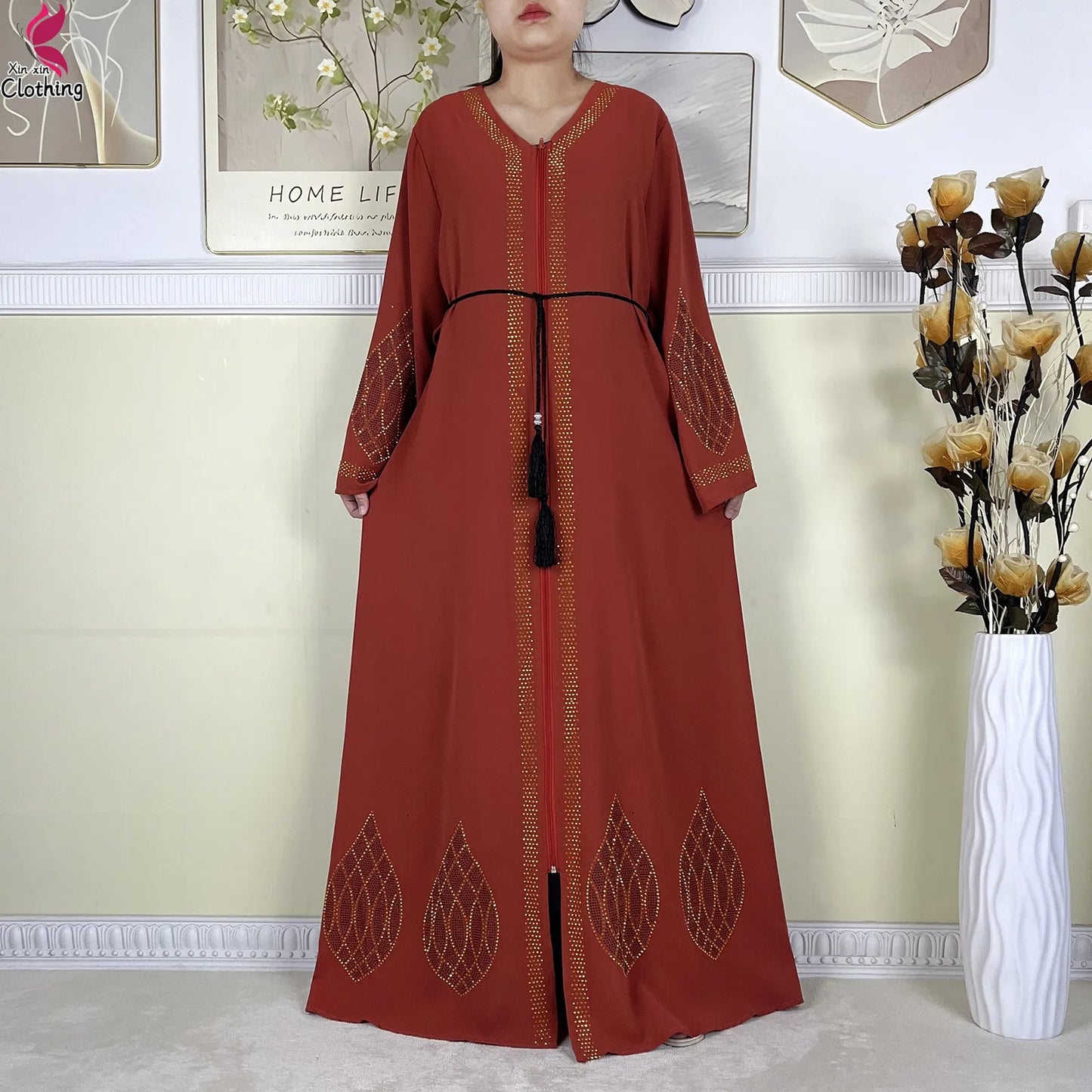 New Dubai Women Elegant Dress Diamonds Chiffon Open Abaya with Zipper Islamic Turkey Clothing Women Muslim Party Evening Dress.