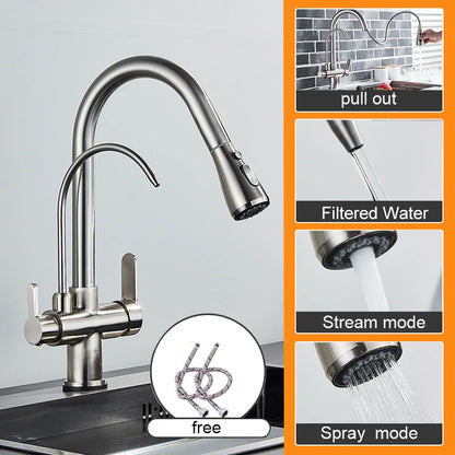 Matte Black Pure Water Filter Kitchen Faucet Dual Handle Hot and Cold Drinking Water Pull Out  Kitchen Mixer Taps