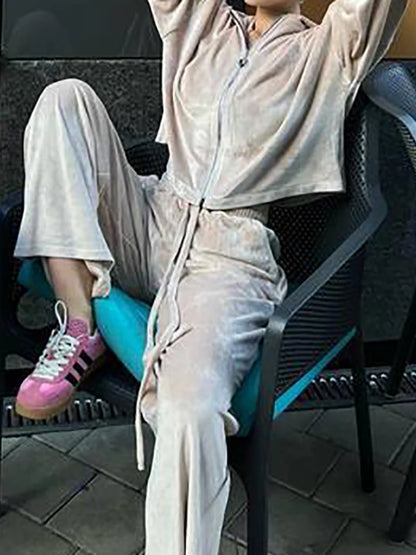 Women Autumn Hooded Coat Two Pieces Sets, Solid Patchwork Wide Leg Pants Chic Outfit, New Long Sleeve Casual Simple Ladies Suits