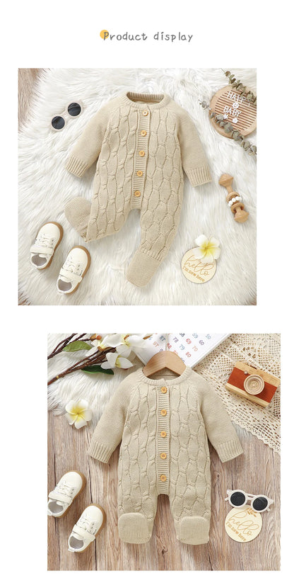 Winter Baby Jungen Strampler Kleidung Beige Rundhals Volle Hülse Gestrickte Neugeborenen Pullover Overalls Einteilige Kleinkind Outfits.