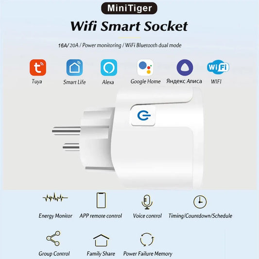 Tuya Wifi Steckdosen Smart Homekit 20A Smart EU Stecker Mit Überwachung Timing Unterstützung Google Assistent Alexa Voice Control.