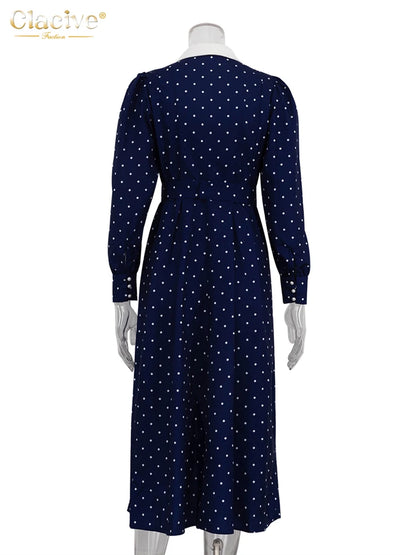 Clacive Mode Lose Druck Frauen Kleid 2025, Casual Revers Langarm Büro Dame Midi Kleider Elegante Klassische Gürtel Weibliche Kleid.