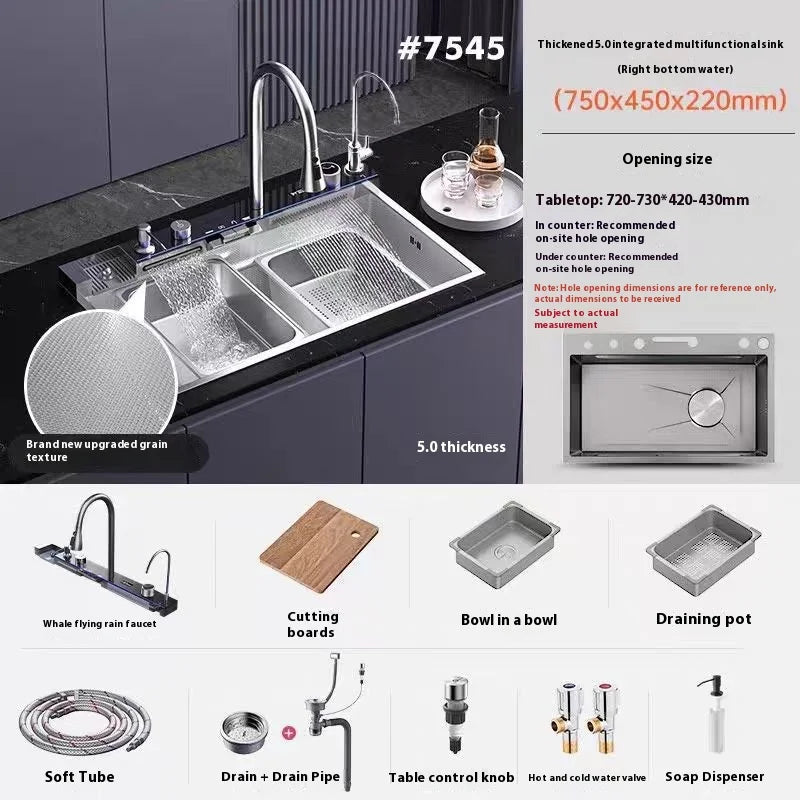 Stainless Steel Silver Kitchen Sink Multifunction Waterfalls Intelligent Digital Display Faucet Household Large Single Slot