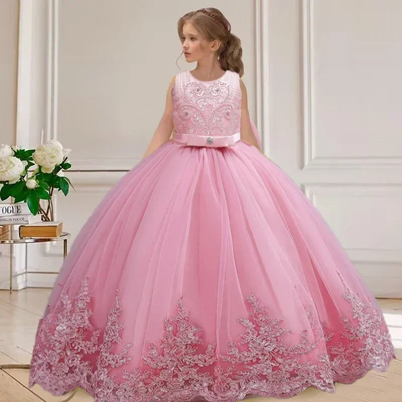 Gesticktes Mesh-Hochzeitskleid, Blumenmädchen-Performance-Mädchenkleid, 4–12 Jahre altes Mädchen-Prinzessinnenkleid mit großer Schleife.