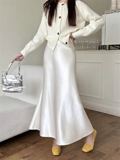 High Waist Women's Fleece-Lined Thickened Elegant Long Skirt Satin Mermaid Skirt Elegant Drapey Bodycon Skirt For Autumn Winter