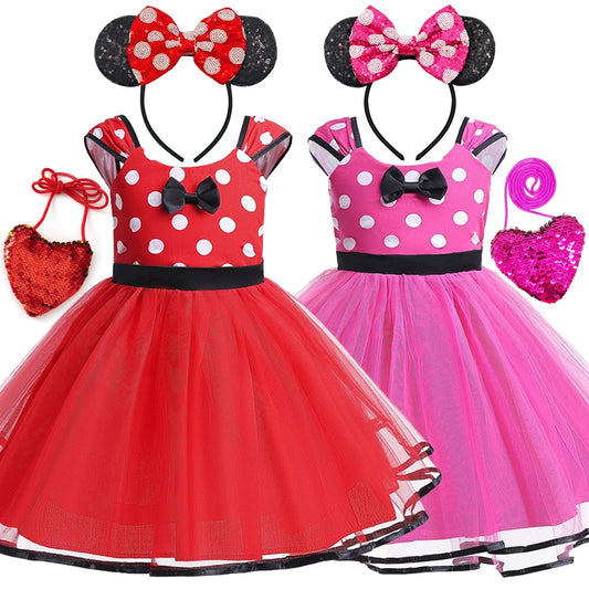 Disney Minnie Maus Polka Dot Kleid Mädchen Rosa Rot Sommer Kleidung Kinder Geburtstag Karneval Weihnachten Party Bogen Mesh Kleid Kostüme.