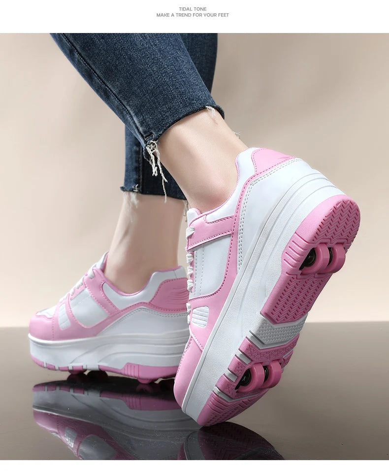 Four wheel roller shoes Boys girls walking shoes Casual outdoor sports slide and shrink school students pulleys shoes sneakers.