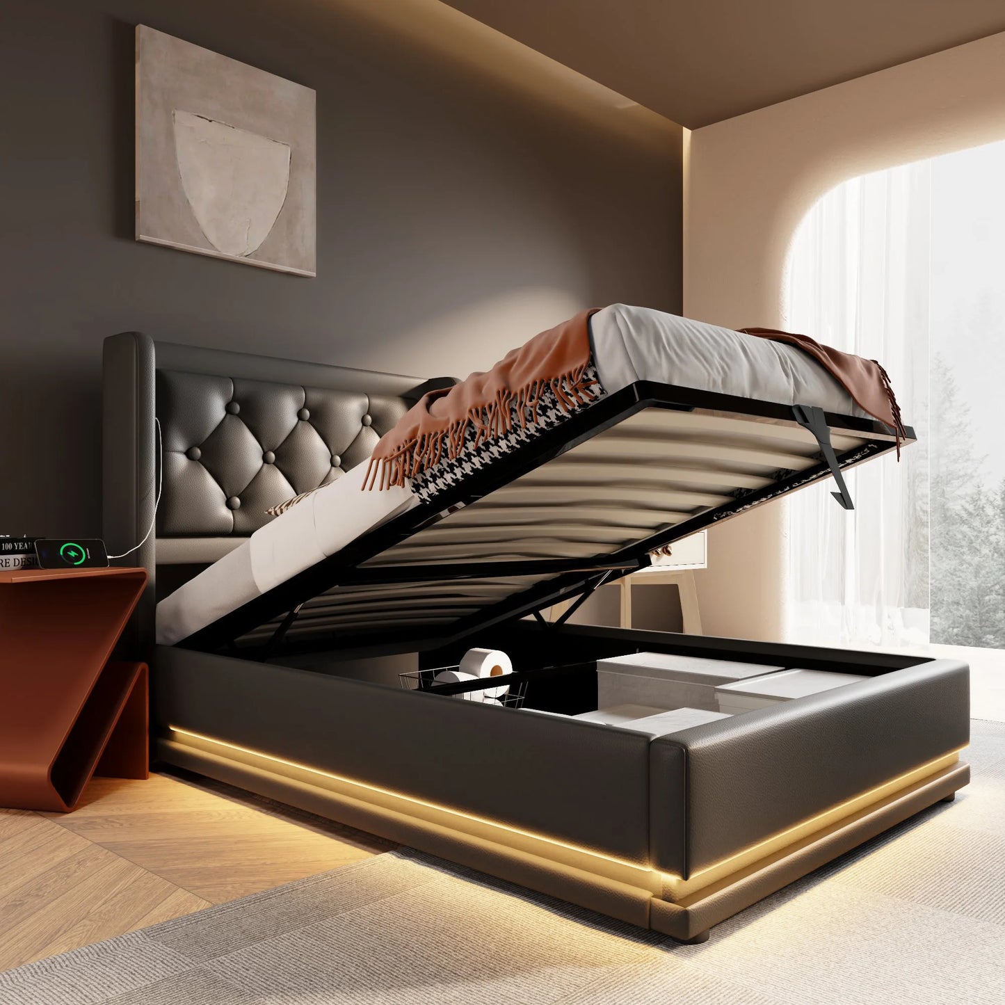 KOMHTOM PU-Material Hydraulisches Stauraumbett, mit USB Typ-C Ladefunktion, 3-seitige LED-Funktion, ohne Matratze