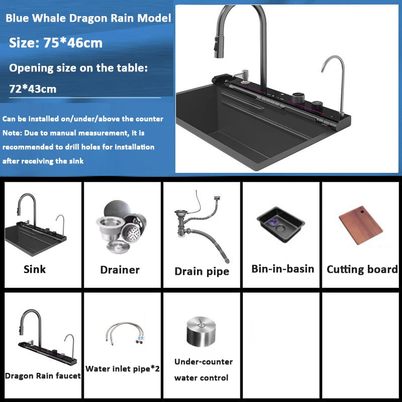 Blue Whale Dragon Rain Digital Display Large Single Sink Faucet with Integrated Multifunctional Atmosphere Light