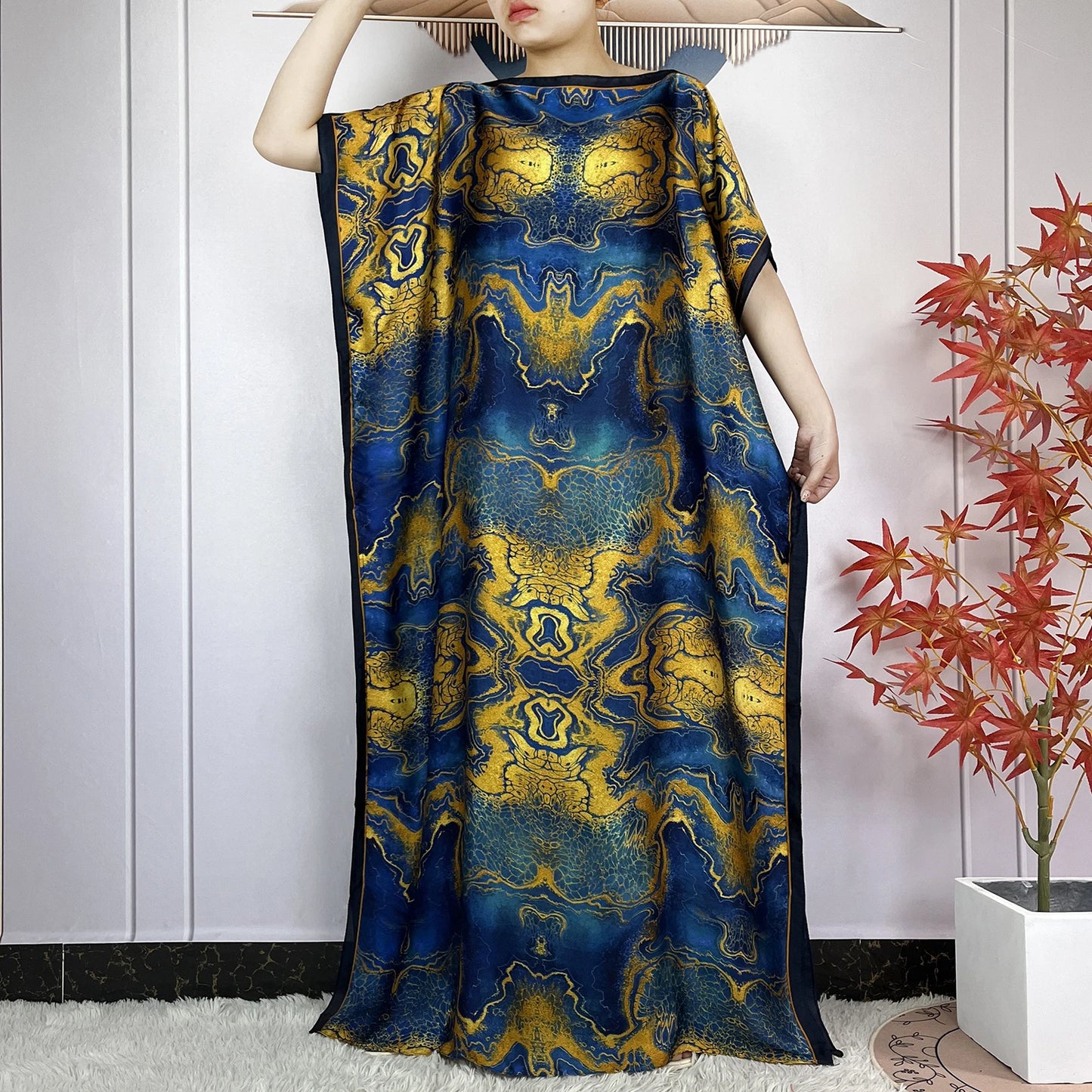 2024 New Dubai Summer Fashion For Women Printed Silk Soft Loose Femme Robe African Islam Maxi Woman Casual Dresses With Turban