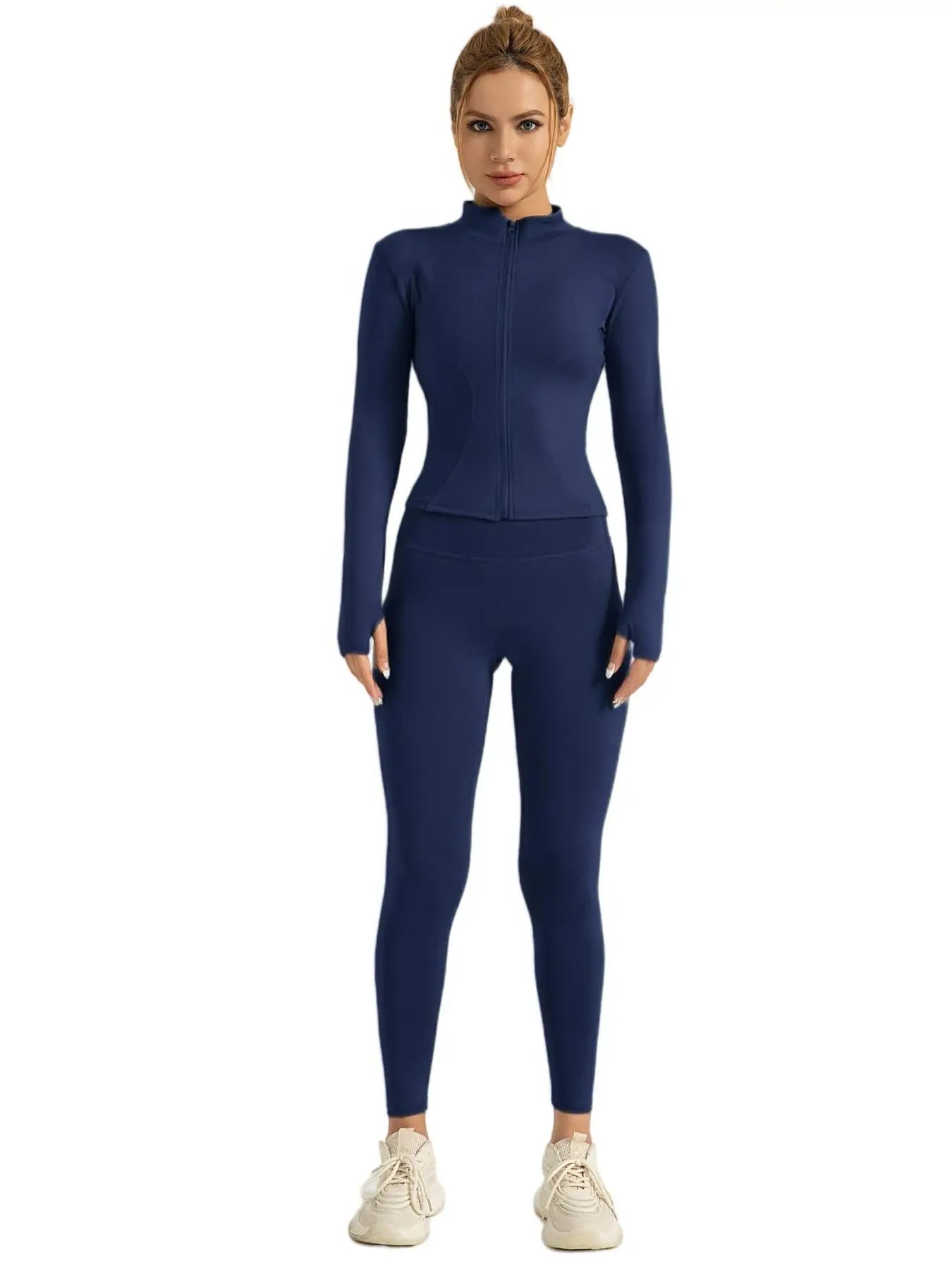 Fitfemme Two-piece Set Women's Solid Zip UpMock Neck Sports Jacket & HighWaist Leggings Set, SportyBreathable Quick Drying.