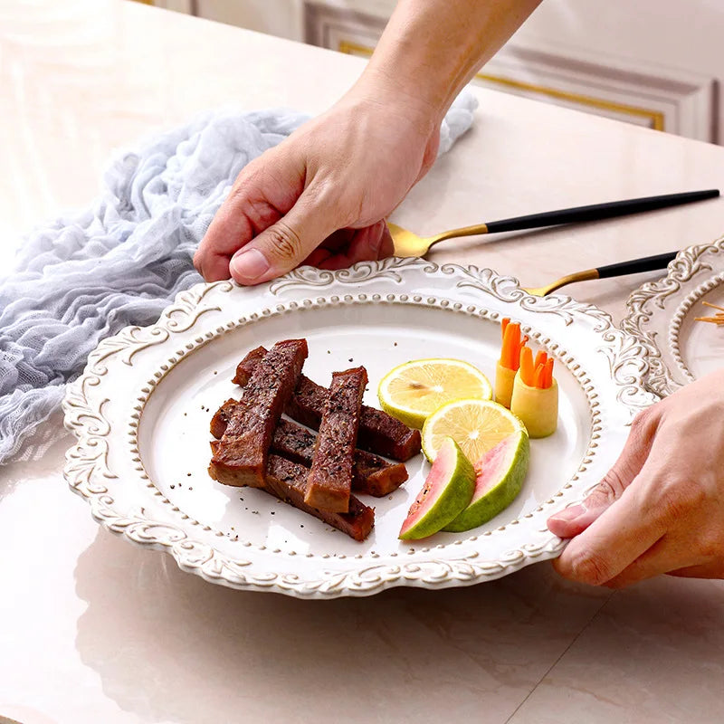 French Baroque Retro Relief Court Style Ceramic Dinner Plate European Tableware Western Food Plate Soup Plate Bowl Set.