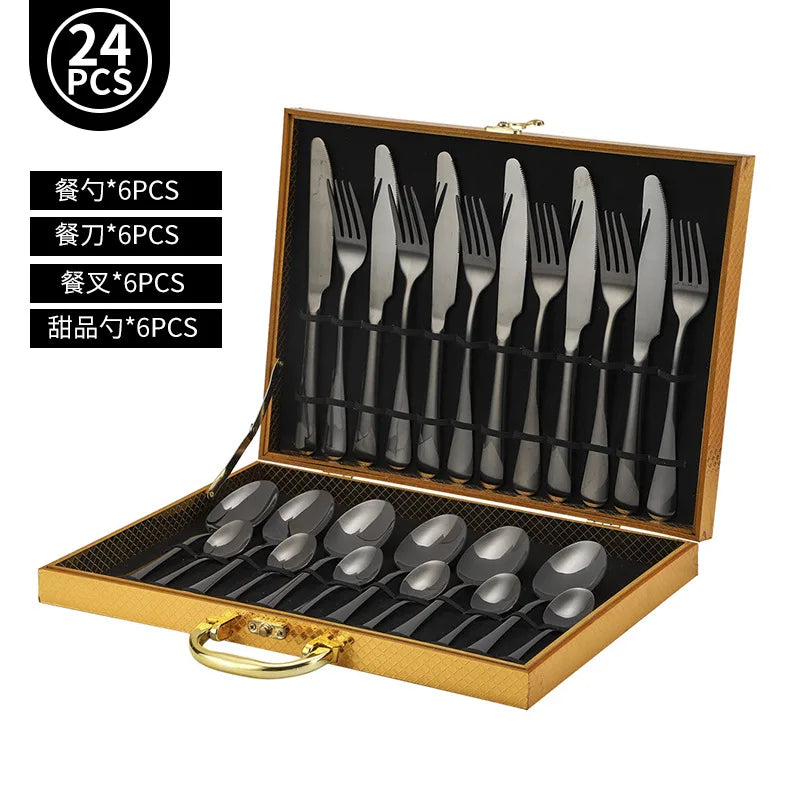 24pcs Golden Tableware Set Light Luxury Stainless Steel Cutlery Fork Knife Spoon Dinnerware Set Minimalist Decor with Gift Box