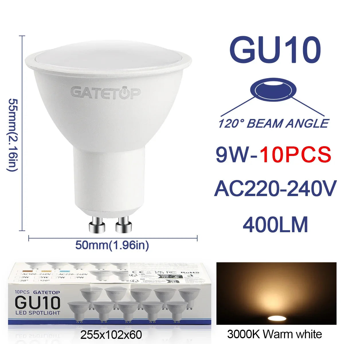 10er-Pack Focos Gu10 SpotlightLampara 220V LED-Glühbirne Großhandel 9W Weiß Warm 3000k 6000K geeignet für gewerbliche Gebäude zu Hause