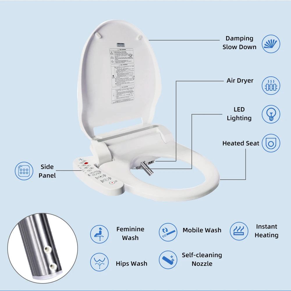 Intelligenter Bidet-Toilettensitz für Badezimmer, beheizter Sitz, langsames Schließen, warmer Trockner, hinten vorne, waschbar, warmes Wasser, Fernbedienung, Nachtlicht