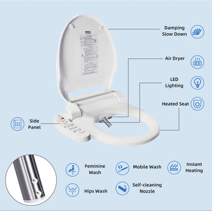 Intelligenter Bidet-Toilettensitz für Badezimmer, beheizter Sitz, langsames Schließen, warmer Trockner, hinten vorne, waschbar, warmes Wasser, Fernbedienung, Nachtlicht