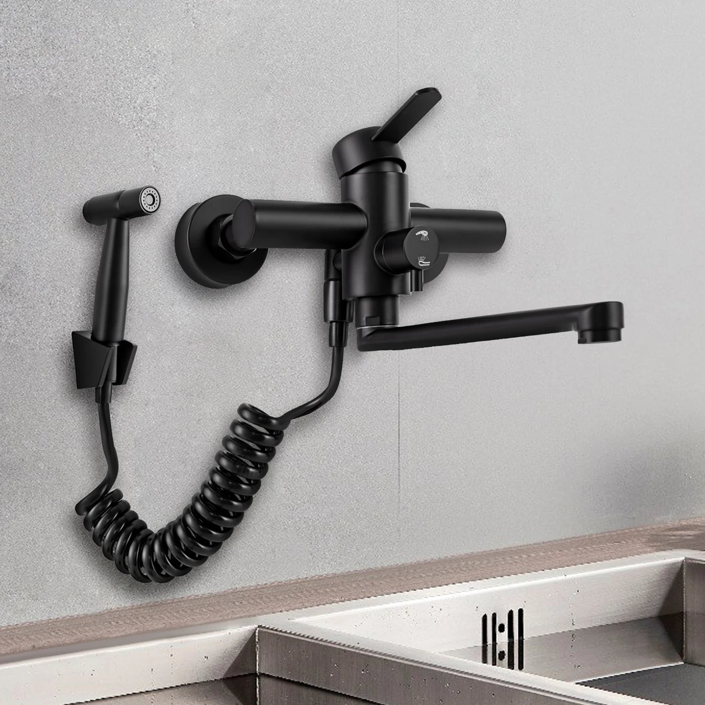 Wall-Mounted Kitchen Mixer Tap with Sprayer, 360° Swivel Stainless Steel Spout & Anti-Leak Design for Sink/Laundry, Black/Silver