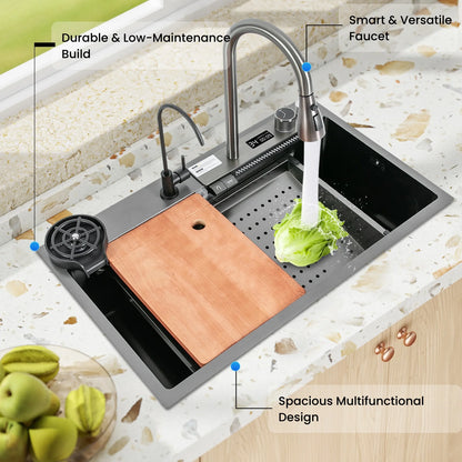 30"*18" Digital Display Waterfall Sink,Multifunctional Workstation Kitchen Sink,Kitchen Sink with Pull-Out Faucet
