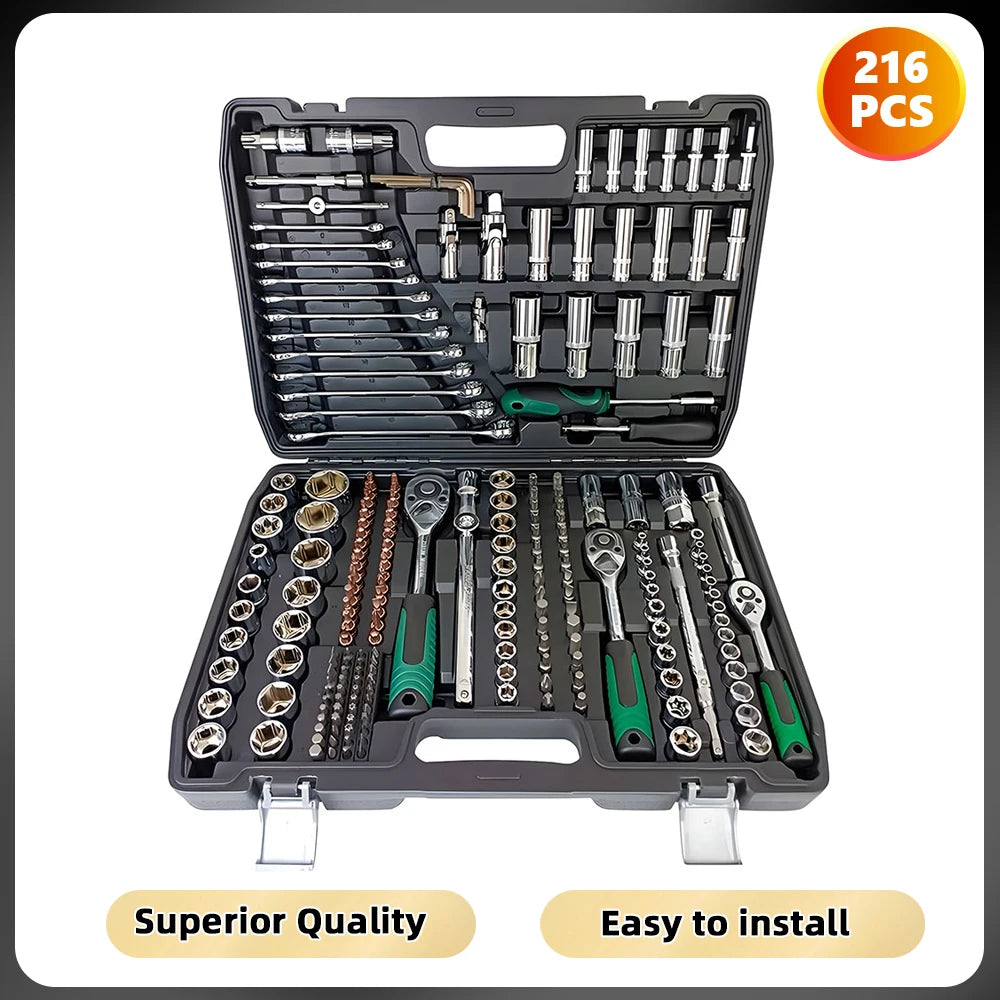 Podofo Steckschlüsselsätze 214 Stück 1/4 Zoll 3/8 Zoll 1/2 Zoll 24-Zahn Ergonomischer Ratschenschlüssel Mechaniker-Werkzeugsatz für die Autoreparatur