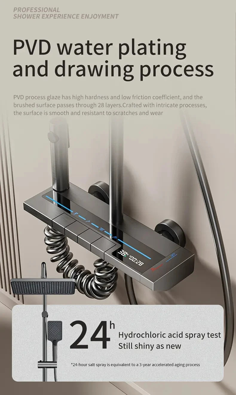 Bathroom Luxury Shower System with Tempered Glass Piano Key Smart Digital Display Thermostat Mixer Shower Faucet Full Set