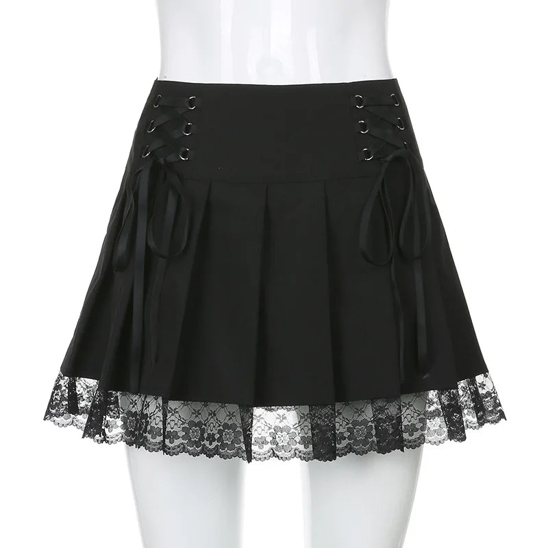 Girl Retro Pleated Skirt Lace Up High Waist Plaid Mesh Stitching Hem Y2K Aesthetic Gothic Black Mini Skirts Bodycon.