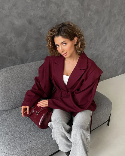 Fashion Solid Revers Hals Schulter Pad Anzug Jacke Frauen Langarm Eine Taste Spitze Up Mantel 2025, Herbst Neue Highstreet Büro Tragen.