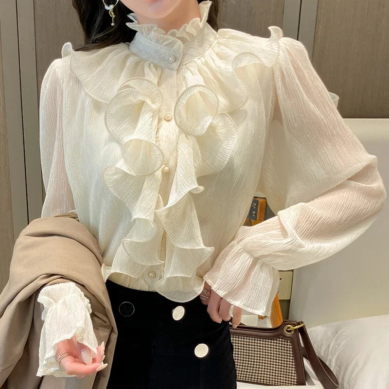 Autumn Vintage Ruffles Clothes Lace Blouse Women Spring Stand Collar White Chiffon Shirt Long Puff Sleeve Loose Tops Elegant.