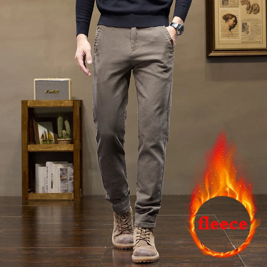 Warm Fleece Pants Winter Man Cowboy Man Thermal Fleece Lined Korean Fashion Slim Thicken Plush Wool Boot Cut Jeans Men.