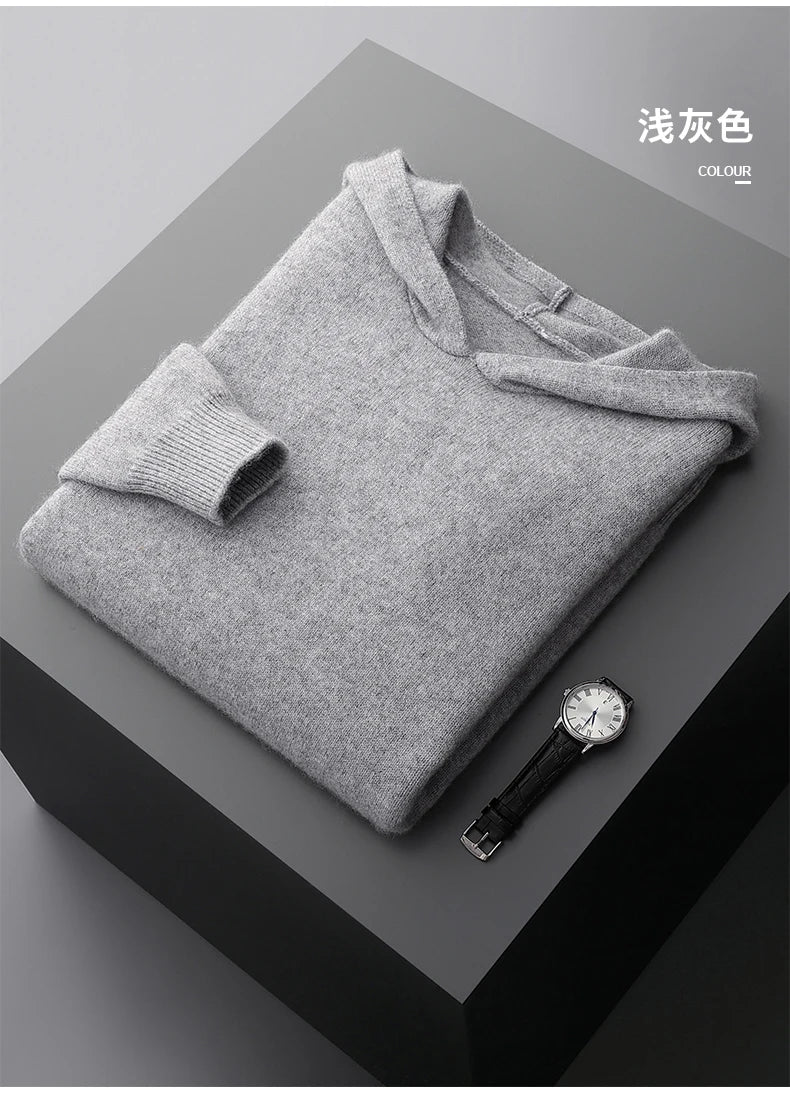 One-piece Hat with Pocket Men's Pullover 100% Cashmere Knitted Sweater Casual Comfortable Top Base Shirt Men's Clothing.
