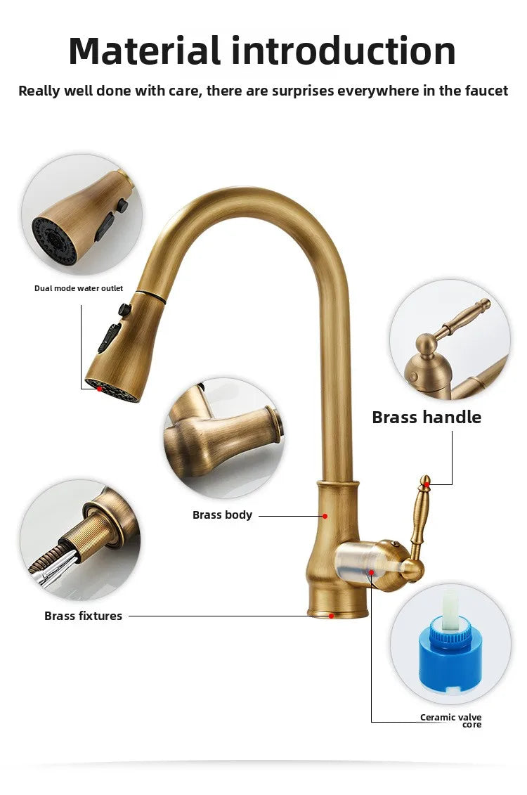 Antique Brass Kitchen Faucet Pull Out Spout Kitchen Faucets Black Single Hole Swivel Hot Cold Water Kitchen Mixers Taps