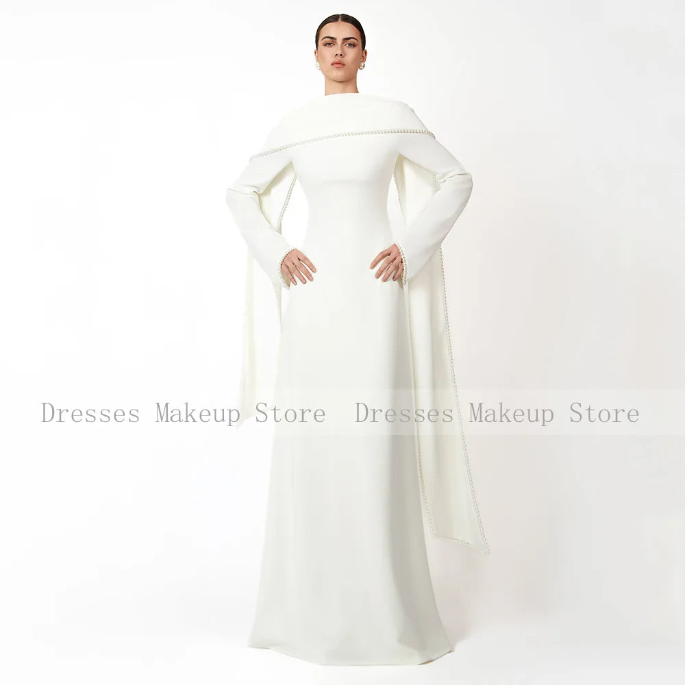 Elegantes Hochzeitskleid, schwarz, A-Linie, Perlen, lange Ärmel, O-Ausschnitt, Abendkleider, langer Schal, saudi-arabisches formelles Abendkleid