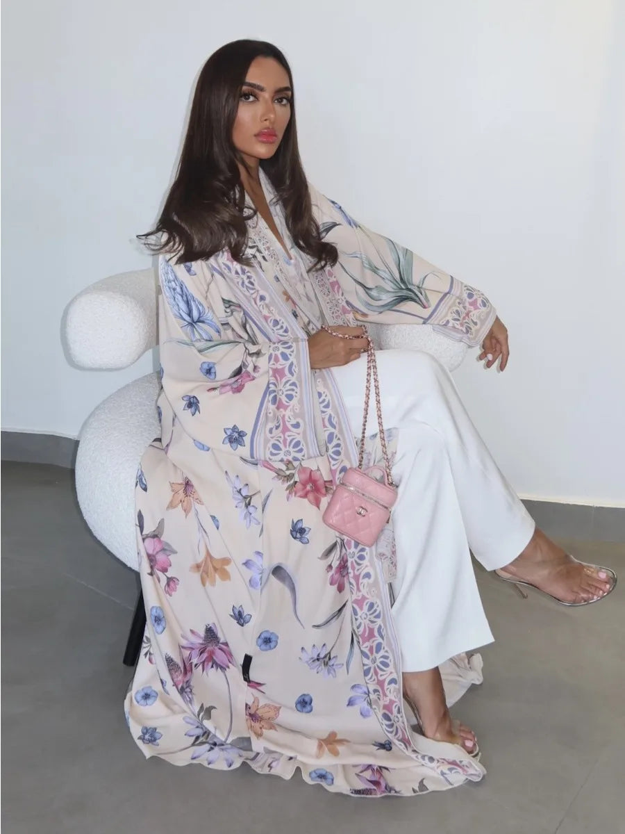 Eid Frauen Abaya Blume Drucken Offene Strickjacke Schal Party Kleid Muslimischen Langarm Jalabiya Ramadan Abayas Kaftan Arabischen Lange Robe.