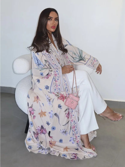 Eid Frauen Abaya Blume Drucken Offene Strickjacke Schal Party Kleid Muslimischen Langarm Jalabiya Ramadan Abayas Kaftan Arabischen Lange Robe.