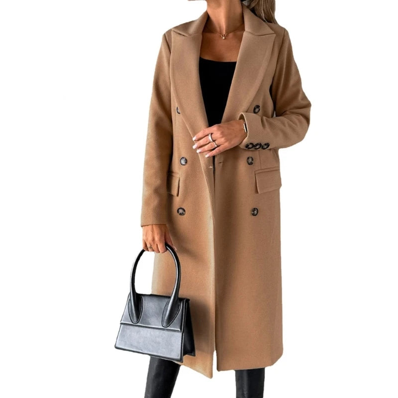 Damen-Mantel aus Wollmischung, langärmelig, zweireihig, Jacken, Mantel mit Tasche, warmer Winter-Trenchcoat, Oberbekleidung.