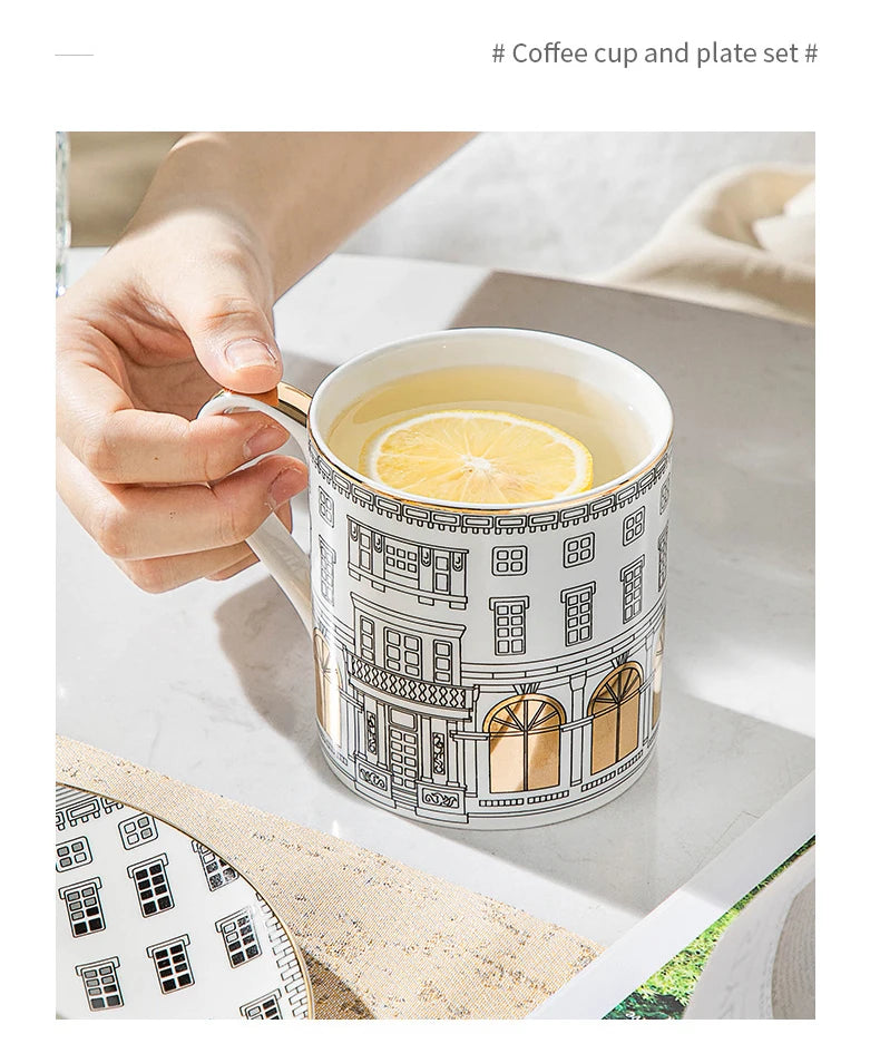 European-style Roman Architecture Ceramic Disc Coffee Cup Snacks Main Course Plate Kitchen Tableware Coffee Mug Storage Tray.