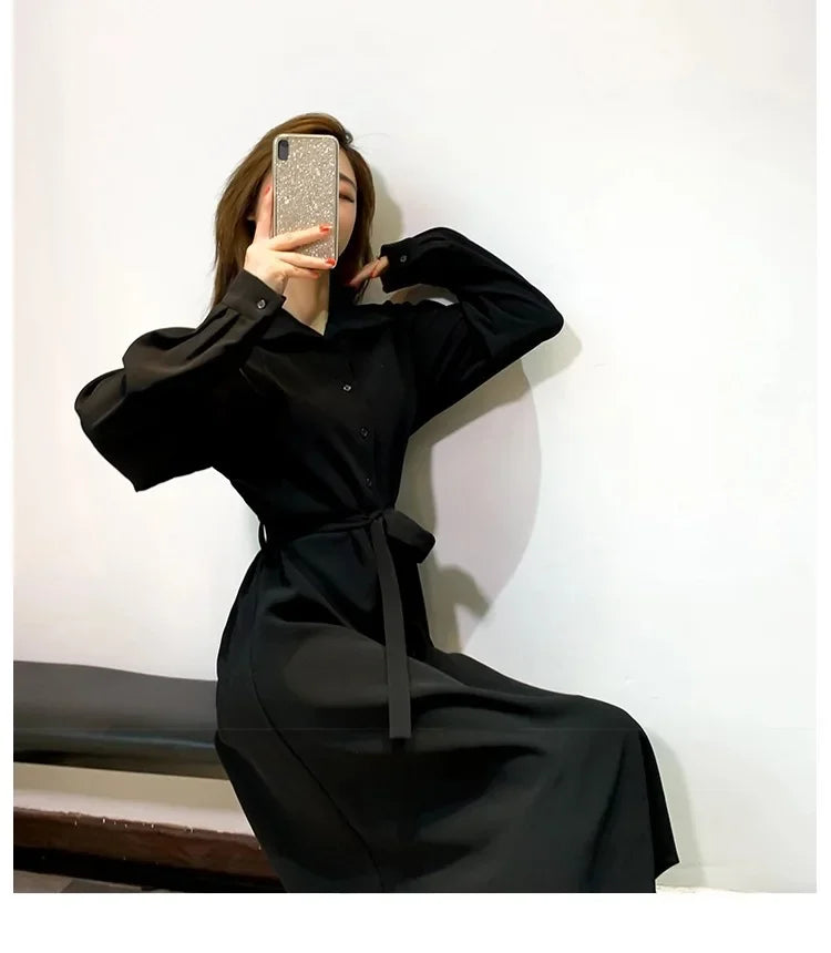 Hebenopis Damen Langes Kleid 2025, Frühling und Herbst, neues, tailliertes, schlankmachendes, elegantes schwarzes Kleid, Kleidung, schmale Passform für Damen.