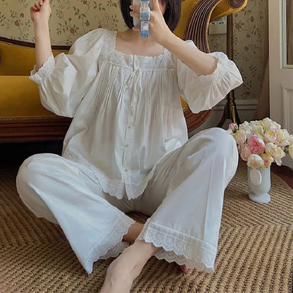 Sweet Spring Autumn Pure Cotton Women's Long Sleeve Pajama Set Loose Female Sleepwear Suits Royal Pyjama Home Wear Plus Size.