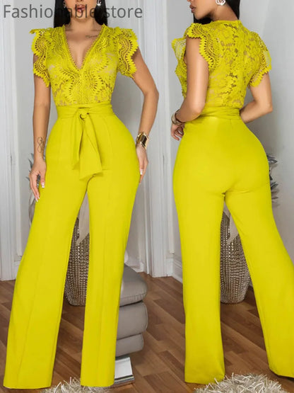 Women's Sexy Sleeveless Lace Patchwork Jumpsuits Solid Color Hollow Out Belted Wide Leg Rompers