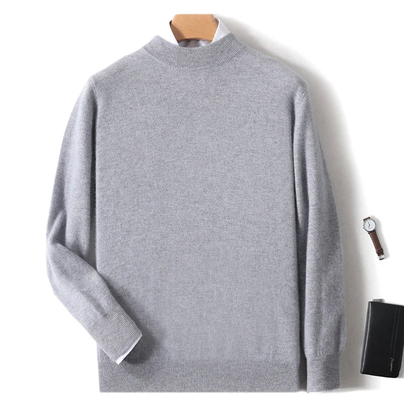 100% Pure Merino Wool Men's Semi High Neck Pullover Solid Color Plus Size Casual Sweater Autumn And Winter Sports Cashmere Top.