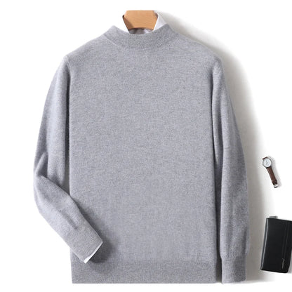100% Pure Merino Wool Men's Semi High Neck Pullover Solid Color Plus Size Casual Sweater Autumn And Winter Sports Cashmere Top.