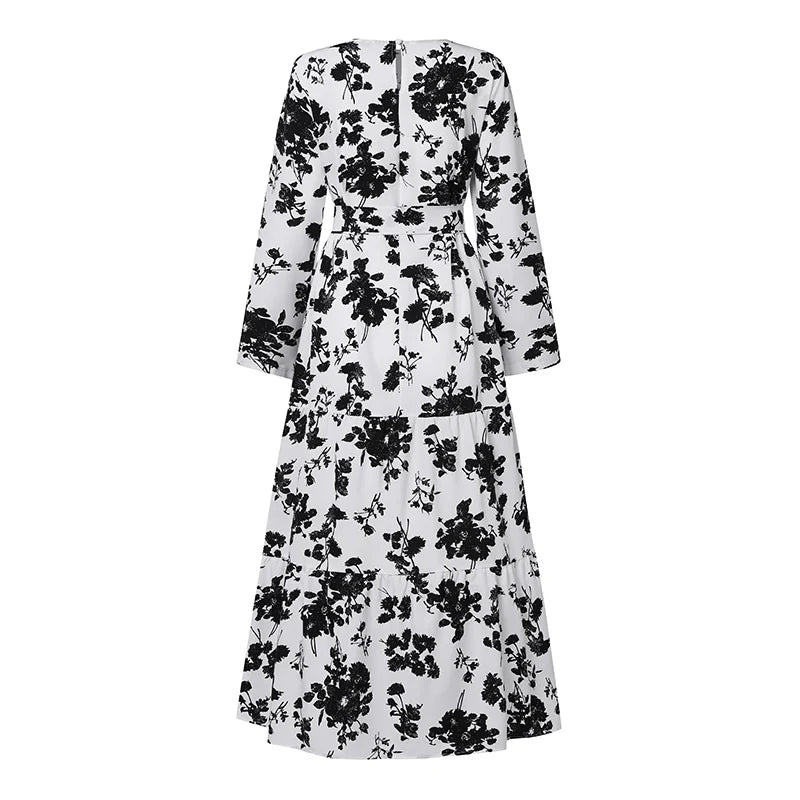 Zanzea Blumen druck böhmischen Maxi kleid Frauen Mode Langarm o Hals abgestufte Vestidos islamische muslimische Gürtel Abaya lange Roben.