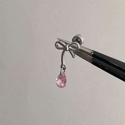 Cute Pink Zircon Cat Stainless Steel Ear Bone Nail Water Droplet Pendant Small Earrings for Women Cochlear Puncture Accessory.