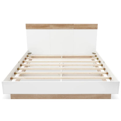 Doppelbett, Holzbett, schwebendes Bett mit Kopfteil des Bettrahmens und Lattenrost, 205 x 144 x 90,5 cm, Set in Eiche Sonoma/Weiß (ohne Matratze)