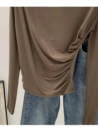 Early Autumn Pure Color High Neck Pleated Slim Fit Sexy Base Shirt Women's Fashionable Crew Neck T-shirt Full Sleeve China Origi