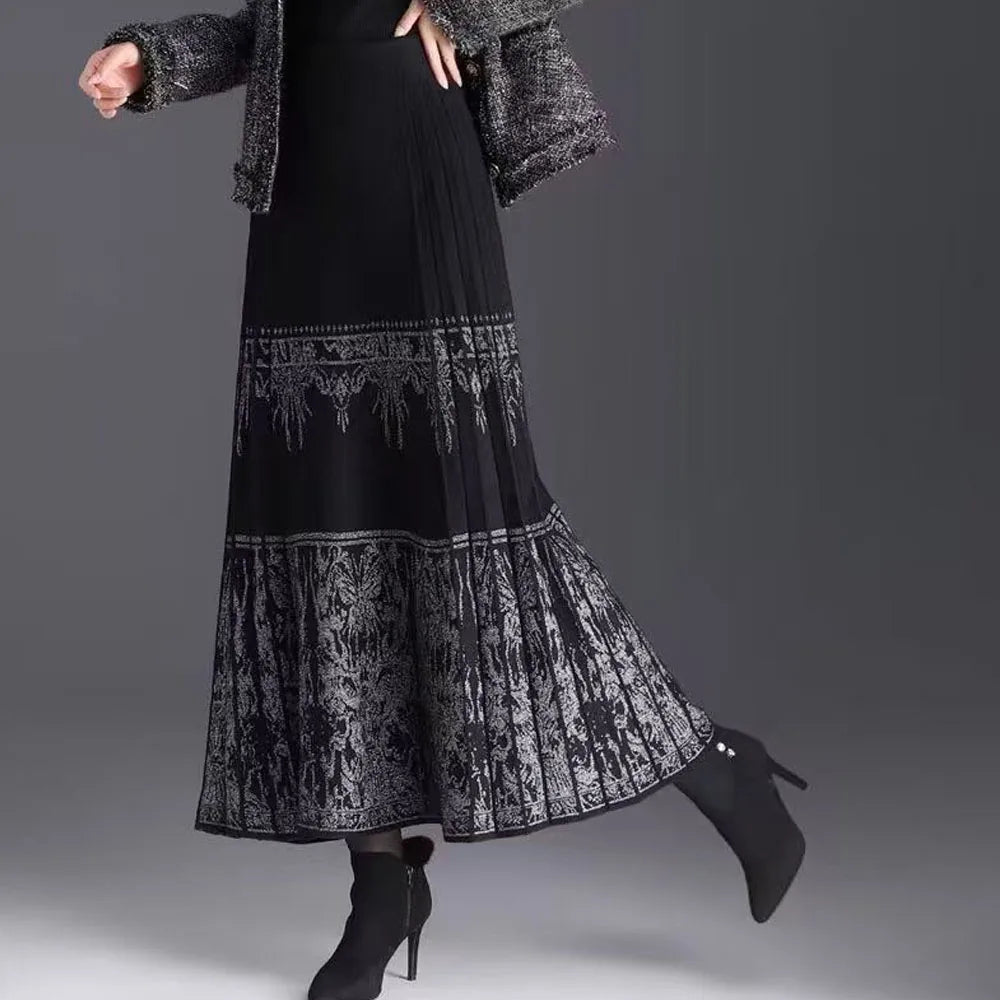 FairyShely Pleated Knitted Skirt For Women 2025 Autumn Winter Warm High Waist Long Skirts Ladies Plus Size Black A-line Skirt.